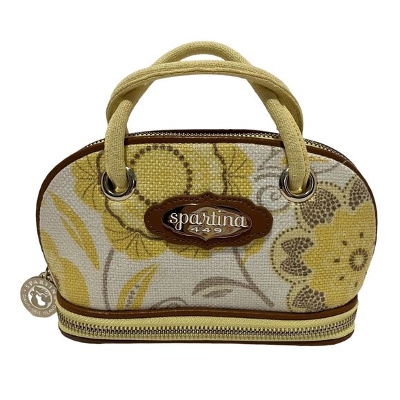 Spartina 449 Natural Linen Make Up Cosmetic Case Small Tote Yellow & Gray - Picture 1 of 12